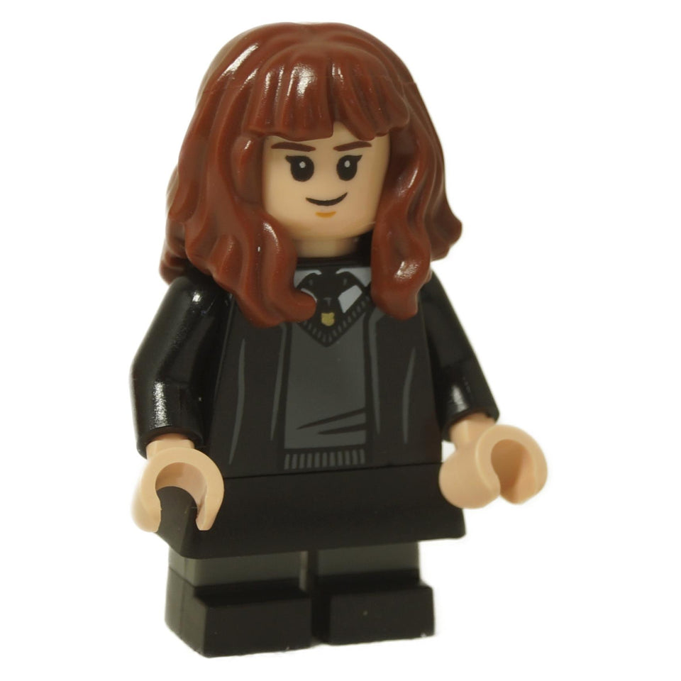 Minifigura de LEGO Harry Potter Hermione Granger (hp378) como una joven estudiante, vistiendo una túnica de Gryffindor sobre una pieza de falda y piernas cortas no articuladas con calcetines impresos.