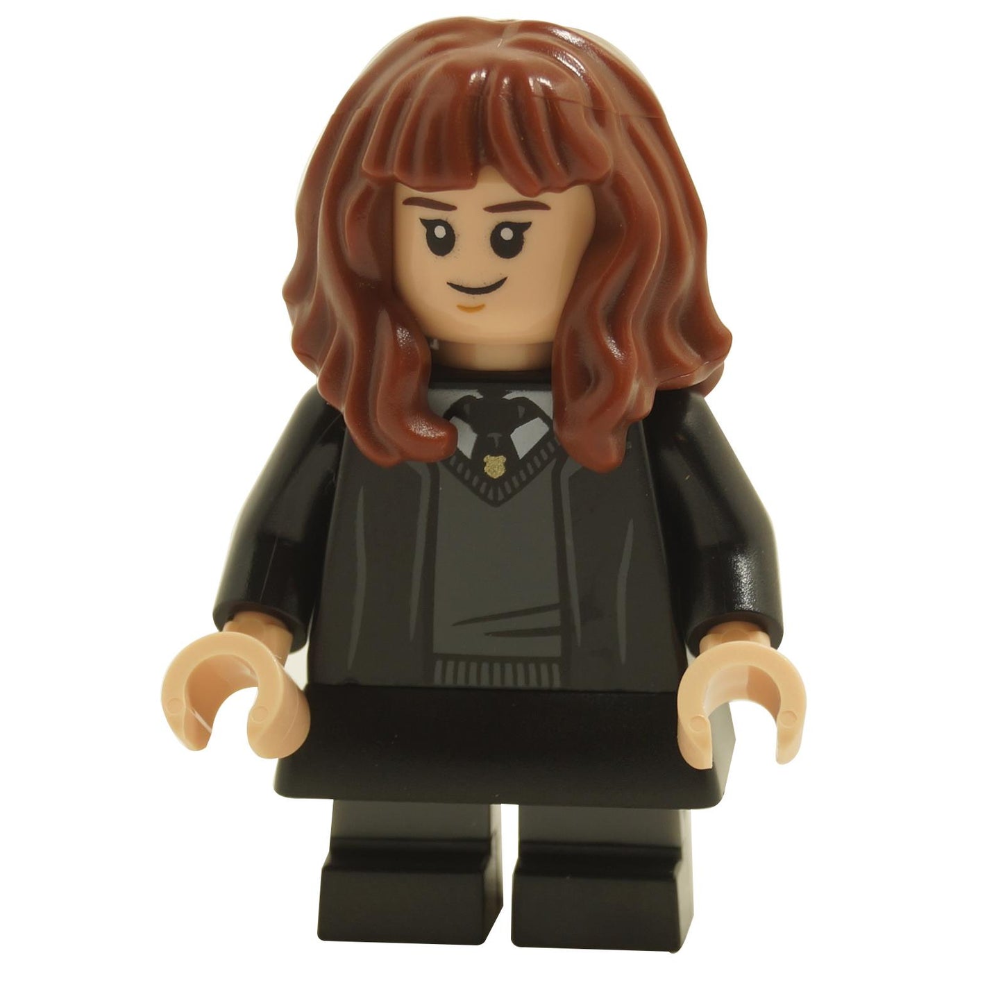 LEGO minifigure of Hermione Granger from the Harry Potter series, wearing a Hogwarts robe.