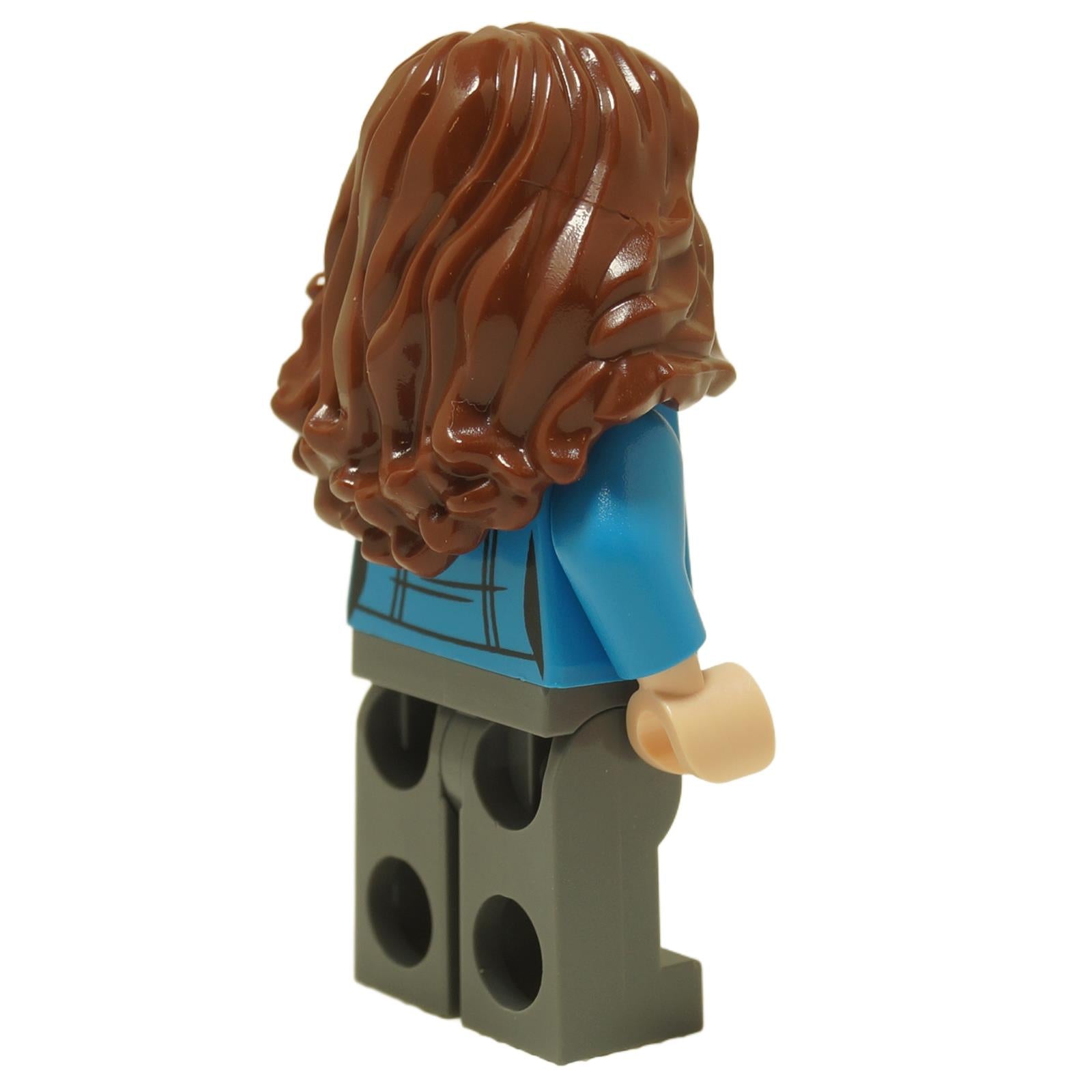 Side view of LEGO® Harry Potter Hermione Granger minifigure hp409 wearing a dark azure jacket over a bright pink hoodie
