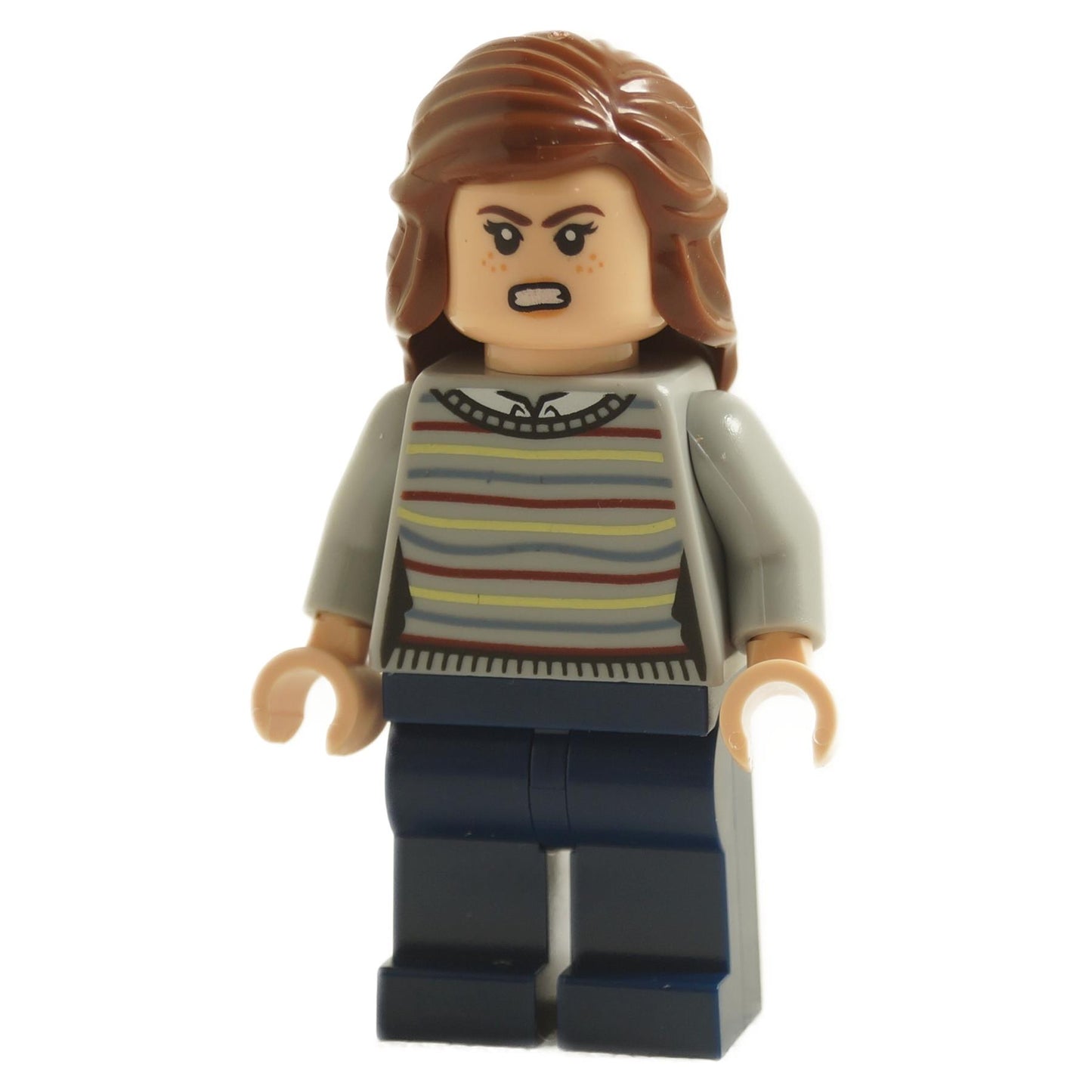 front view of LEGO Hermione Granger minifigure with brown hair angry expression wearing striped sweater and dark blue legs
