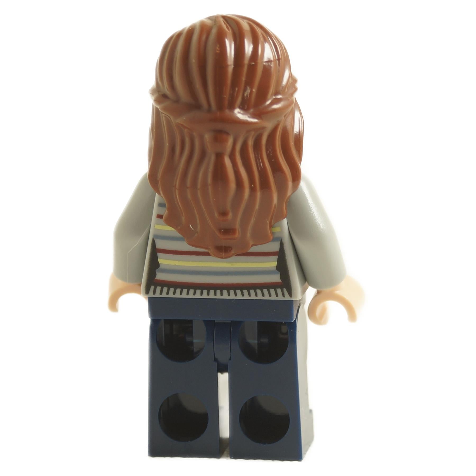 back view of LEGO Hermione Granger minifigure with long brown hair wearing striped sweater and dark blue legs
