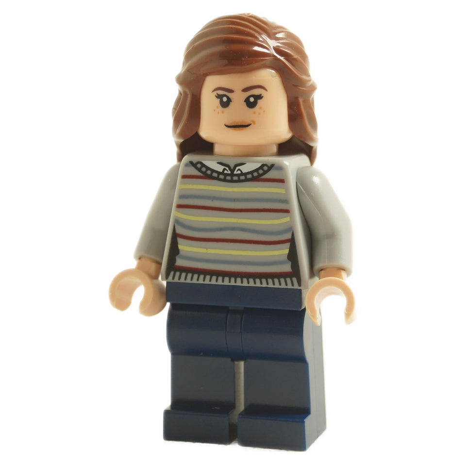 LEGO minifigure of Hermione Granger from the Harry Potter series, featuring a striped sweater and gray jacket.