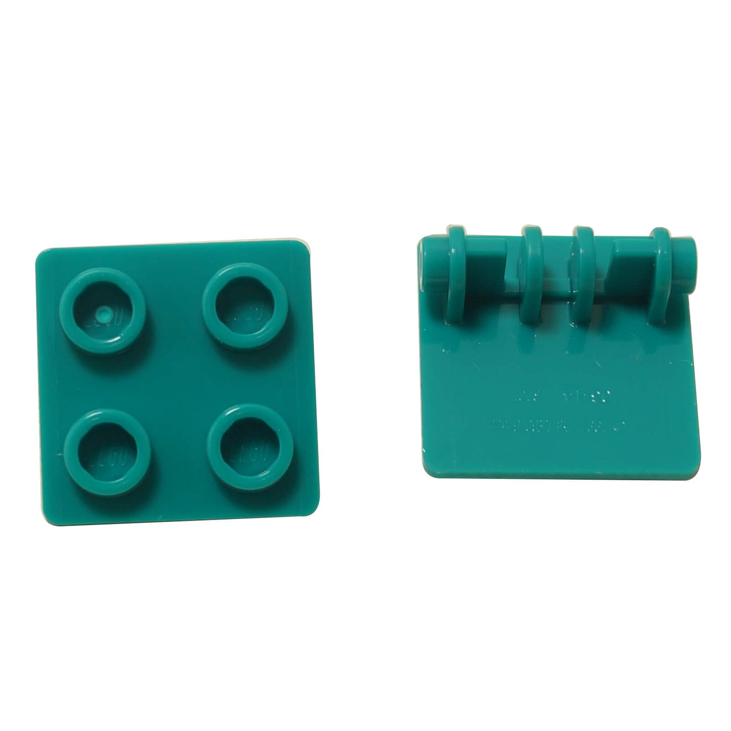 Dark turquoise hinge brick 2x2 with thin top plate, jointed building element used for folding sections and angled connections
