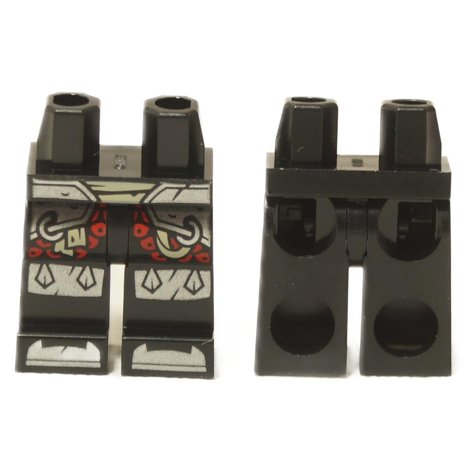 LEGO® minifigure hips and legs with tan belt, silver armor plating, and detailed knee pads on dark legs
