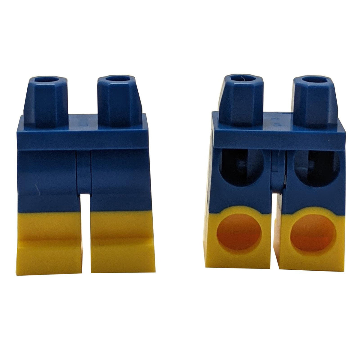 Blue LEGO minifigure legs with yellow boots 970c00pb0575, front and back.