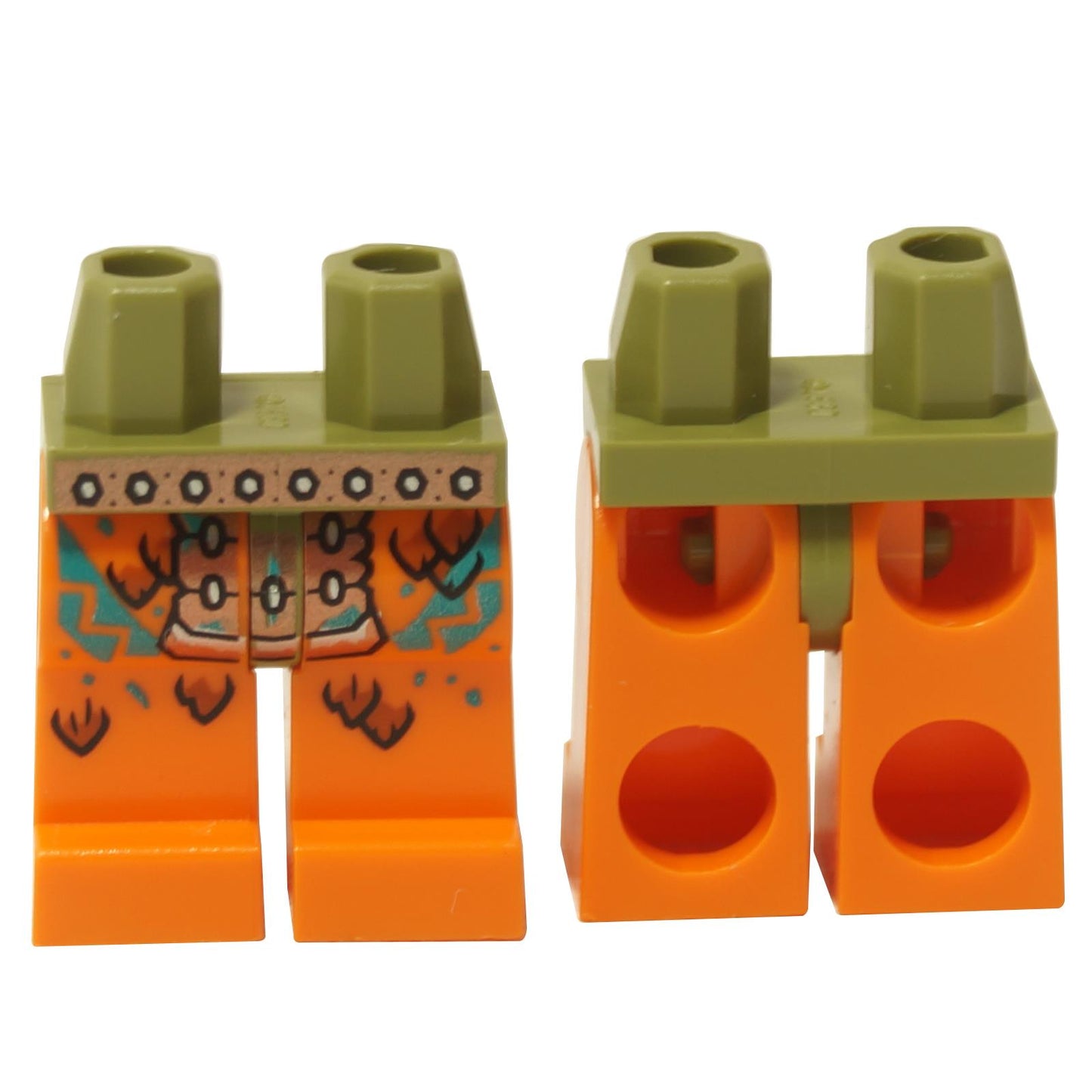 LEGO minifigure legs with tribal belt and fur pattern, featuring green hips and orange legs with a dark orange and dark turquoise scales pattern.