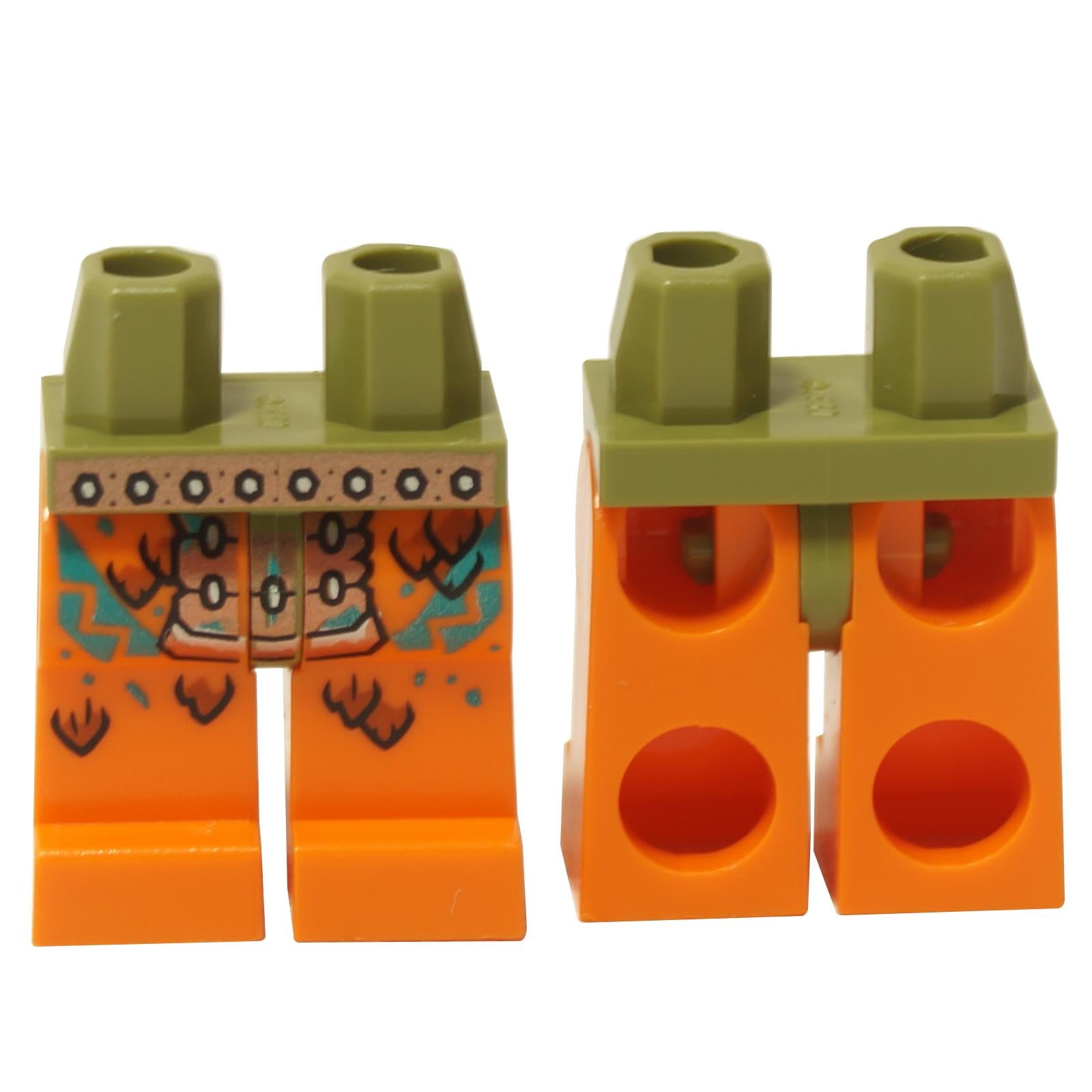 LEGO minifigure legs with tribal belt and fur pattern, featuring green hips and orange legs with a dark orange and dark turquoise scales pattern.