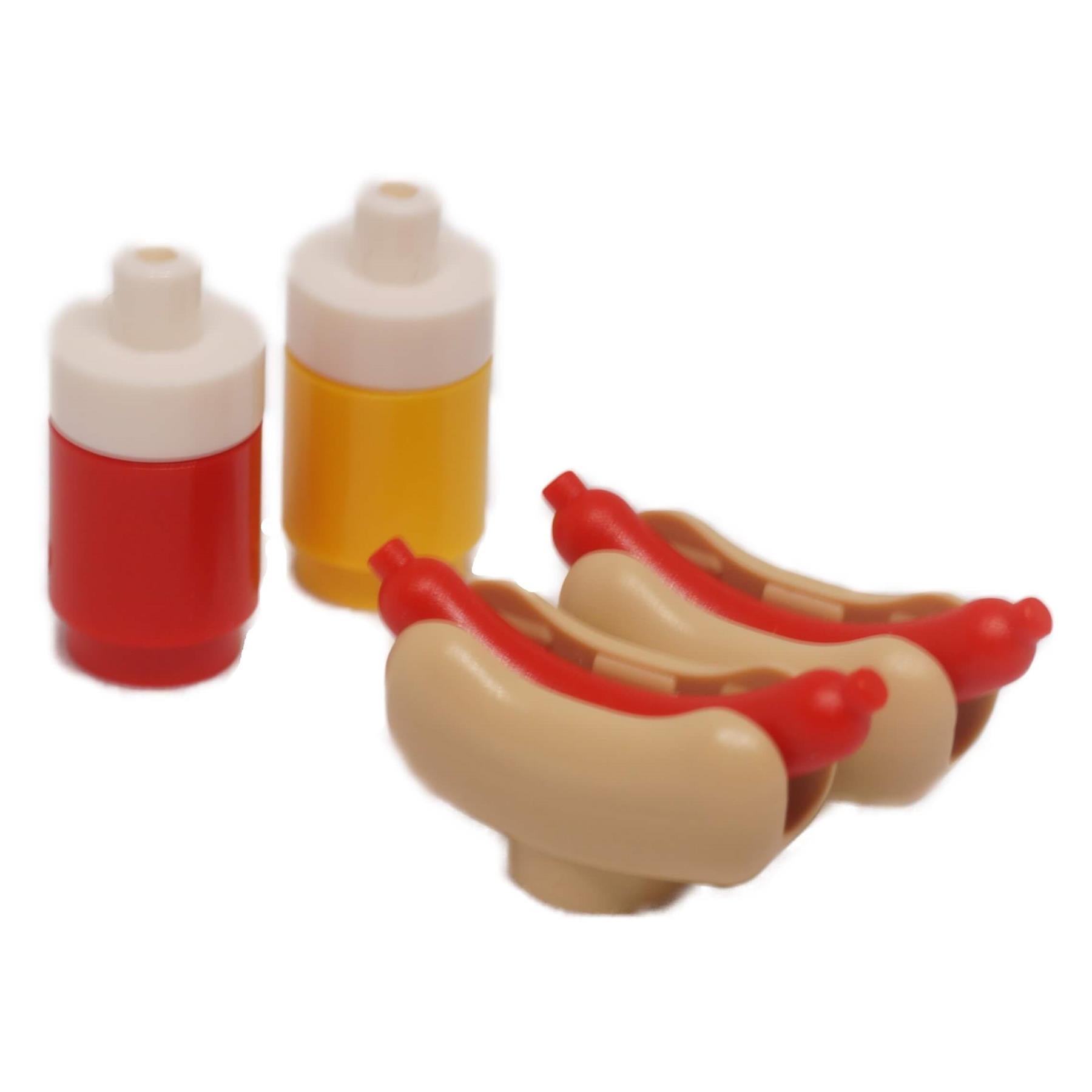 LEGO hotdog assembly bundle with condiment bottles and food accessories