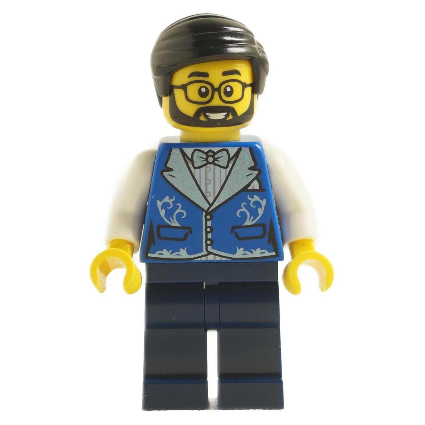 LEGO minifigure representing a male hotel receptionist with a blue tuxedo, black legs, and a beard.
