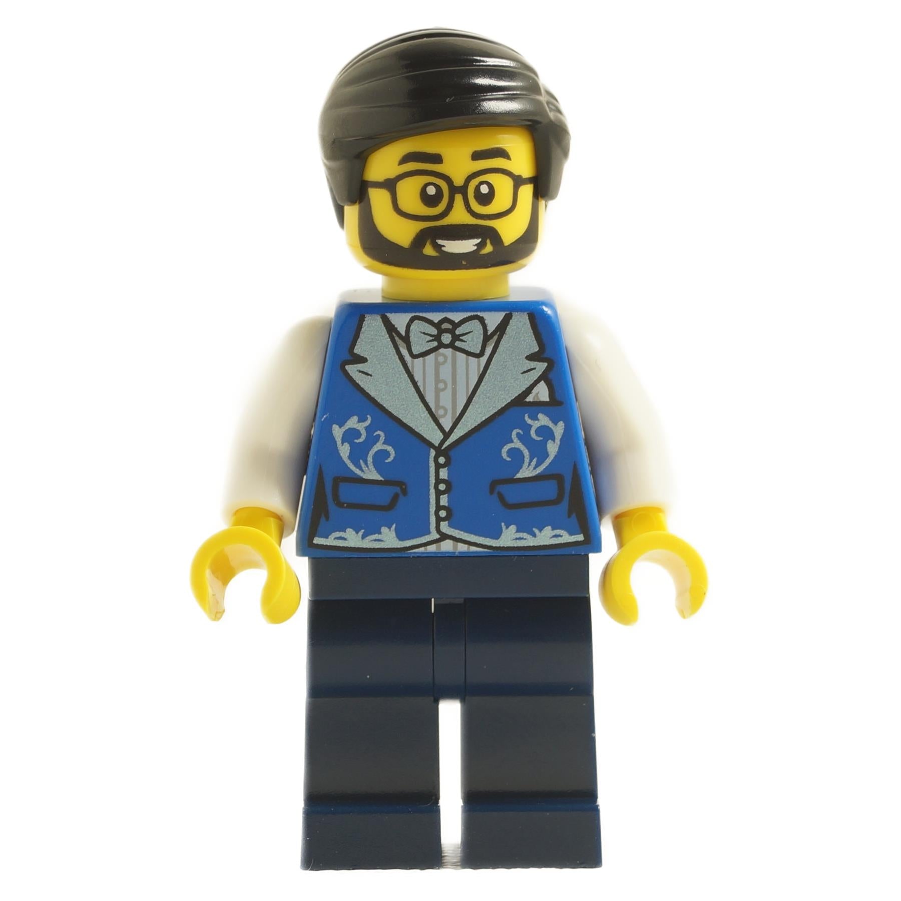 LEGO minifigure representing a male hotel receptionist with a blue tuxedo, black legs, and a beard.