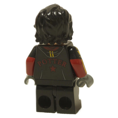 Back view of Harry Potter minifigure in black Triwizard uniform with POTTER print and messy hair
