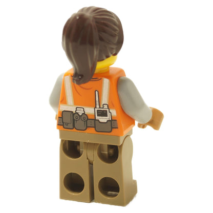 Back view of Nanna minifigure with brown ponytail, orange utility vest and tan legs

