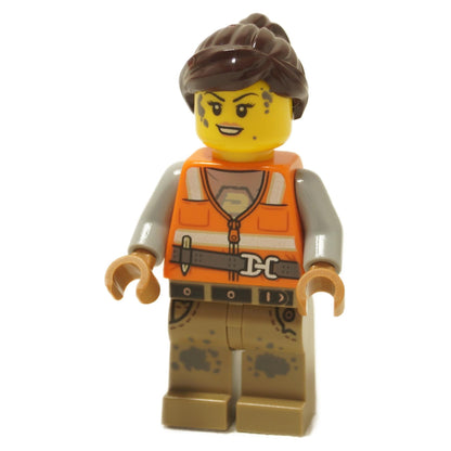 LEGO minifigure Nanna from the Hidden Side series, wearing an orange high-visibility jacket and rugged gear, with a dual-printed face and brown hair.