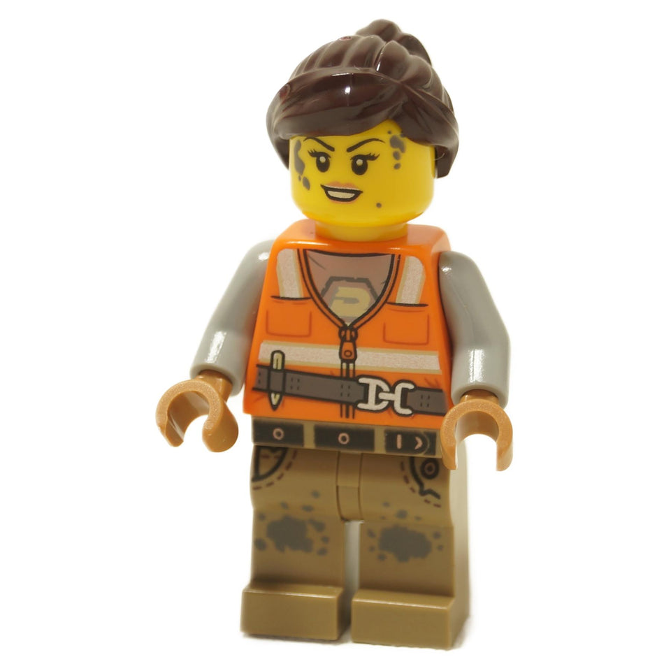 LEGO minifigure Nanna from the Hidden Side series, wearing an orange high-visibility jacket and rugged gear, with a dual-printed face and brown hair.
