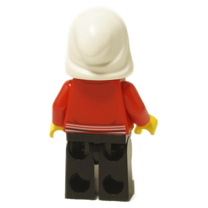 Back view of Jack Davids minifigure with red hoodie jacket, white hood and black legs
