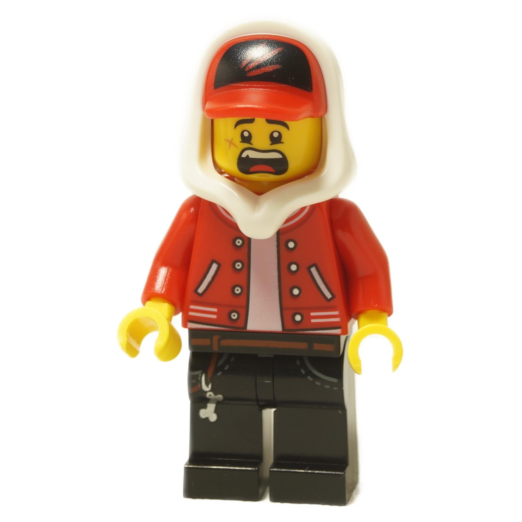 Jack Davids minifigure with red hoodie jacket, black cap, black legs and frightened open-mouth expression
