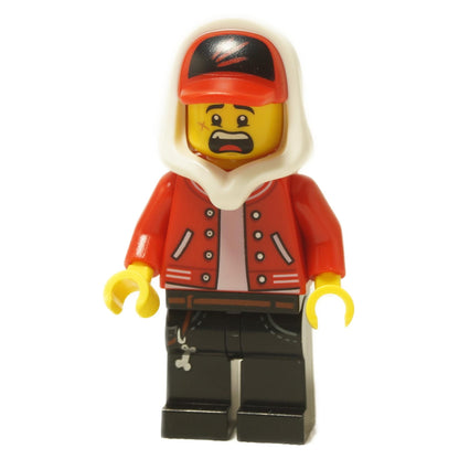 Jack Davids minifigure with red hoodie jacket, black cap, black legs and frightened open-mouth expression
