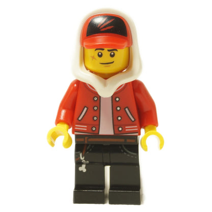 Jack Davids minifigure with red jacket hoodie, black cap, black legs and scared lopsided smile
