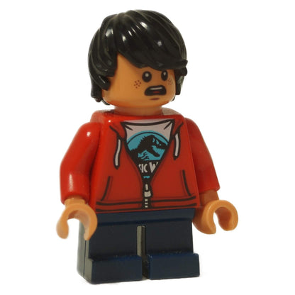 LEGO® Hudson Harper Jurassic World minifigure with red hoodie and double-sided head