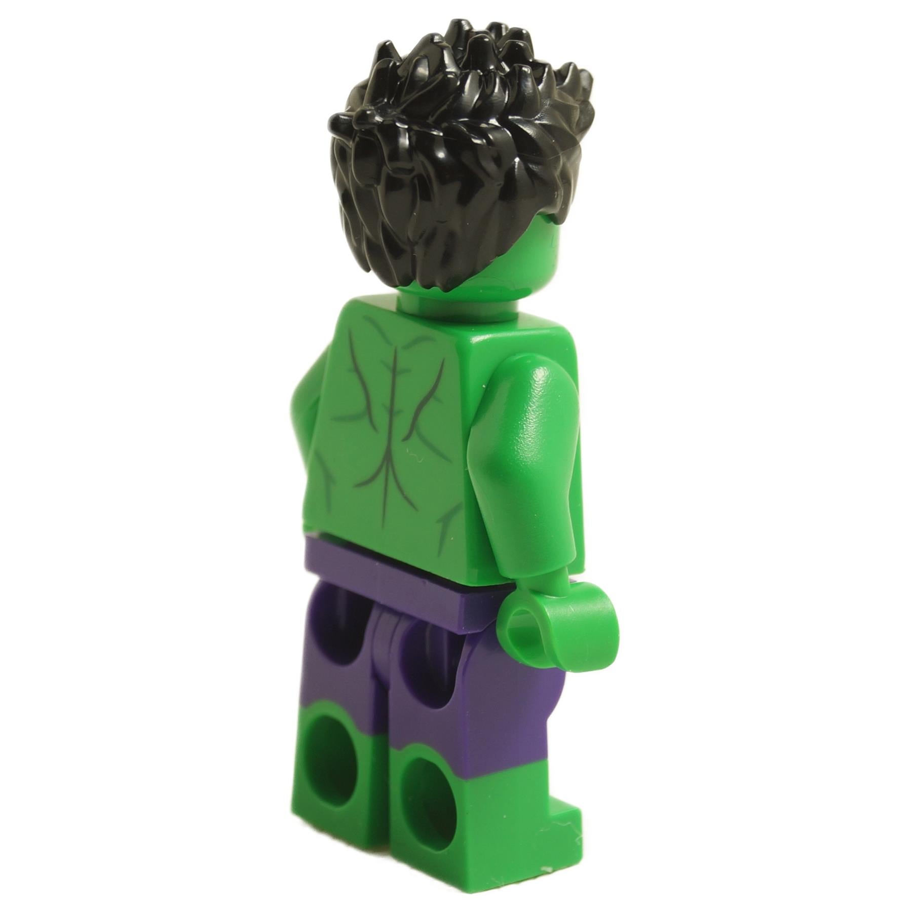 Back view of LEGO® Hulk minifigure sh0857 showing green muscular torso print and purple pants from Marvel Avengers