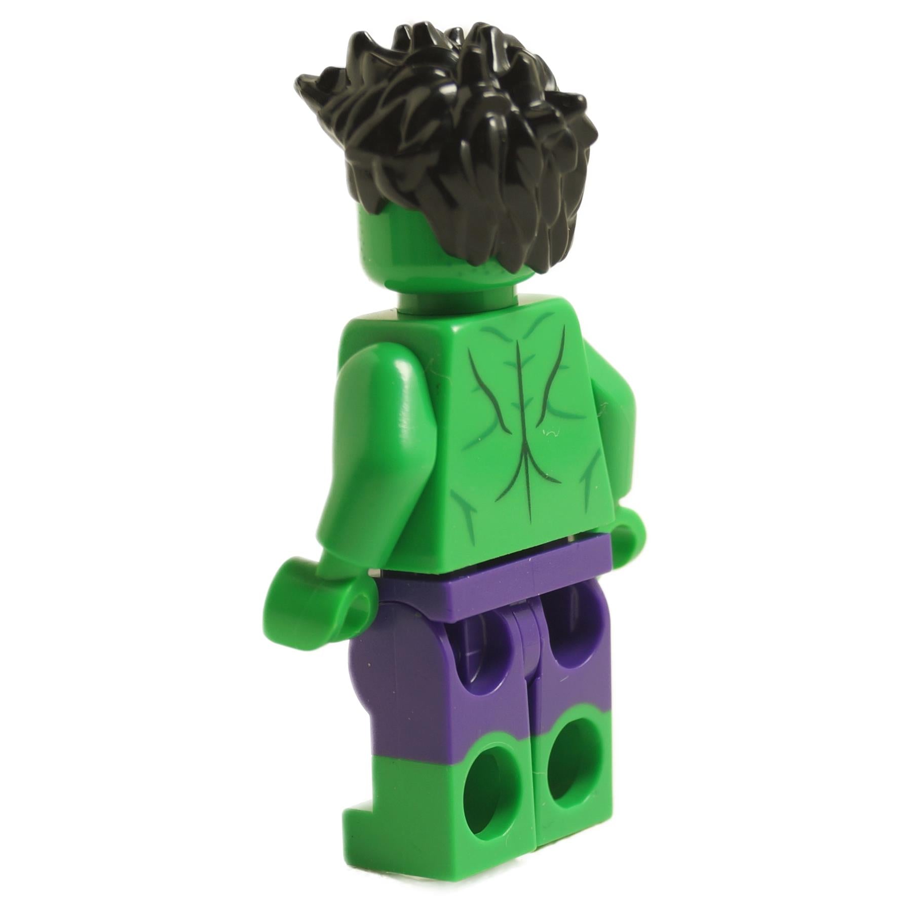 Rear view of LEGO Hulk Minifigure sh0857 showing green muscular torso and purple shorts