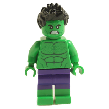 LEGO Hulk minifigure with dark purple pants and spiked hair, featuring an angry/smile expression.