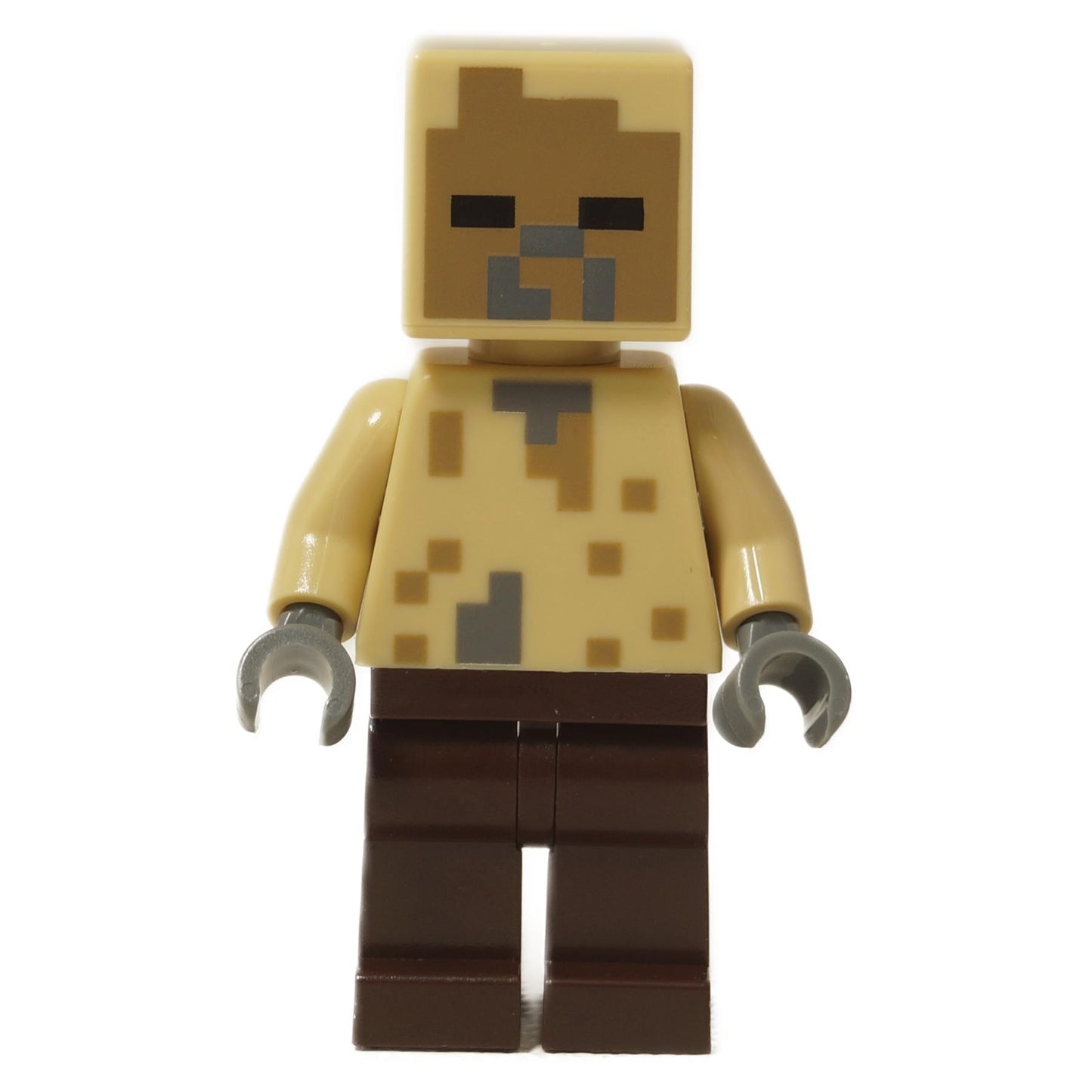LEGO Minecraft Husk minifigure (min177) with a tan pixelated head and torso, and dark brown legs, representing the desert zombie mob.