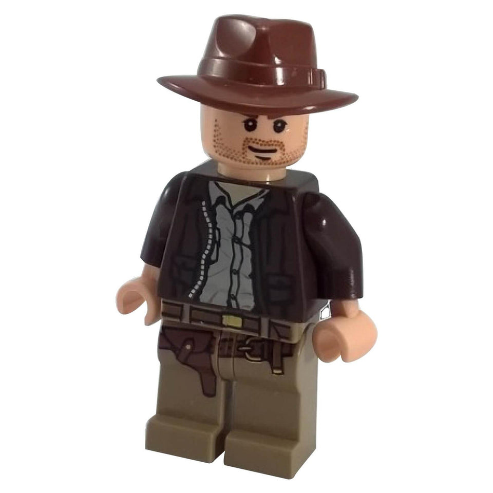 LEGO® Indiana Jones minifigure wearing a brown fedora, dark brown jacket over tan shirt with printed satchel and holster, tan legs with printed belt, and light stubble on face.