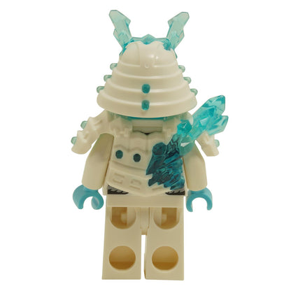 Ice Emperor minifigure from set 70678 with white armor, horned helmet and translucent blue ice crystal shoulder piece