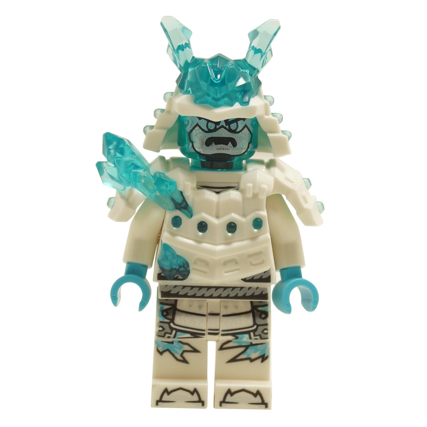 LEGO minifigure of Zane in Ice Emperor outfit with blue and white colors, featuring frosty details and a helmet.