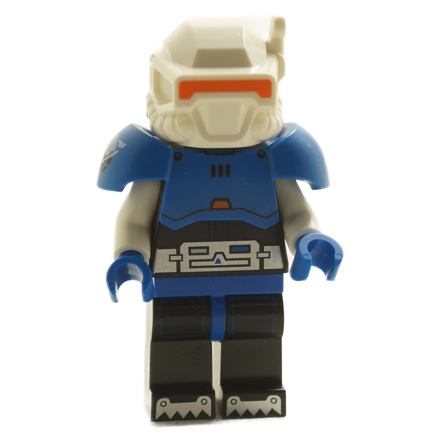 LEGO minifigure of an Ice Planet Explorer with a blue and black suit, silver accents, and an orange visor.