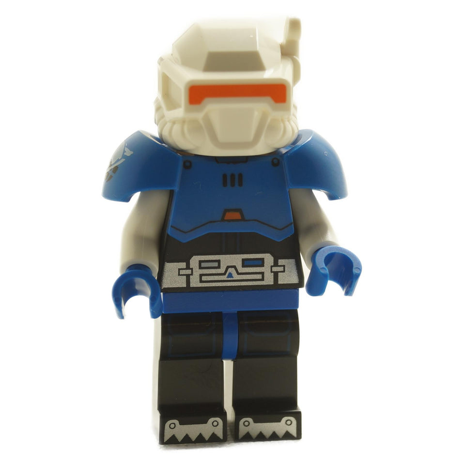 LEGO minifigure of an Ice Planet Explorer with a blue and black suit, silver accents, and an orange visor.