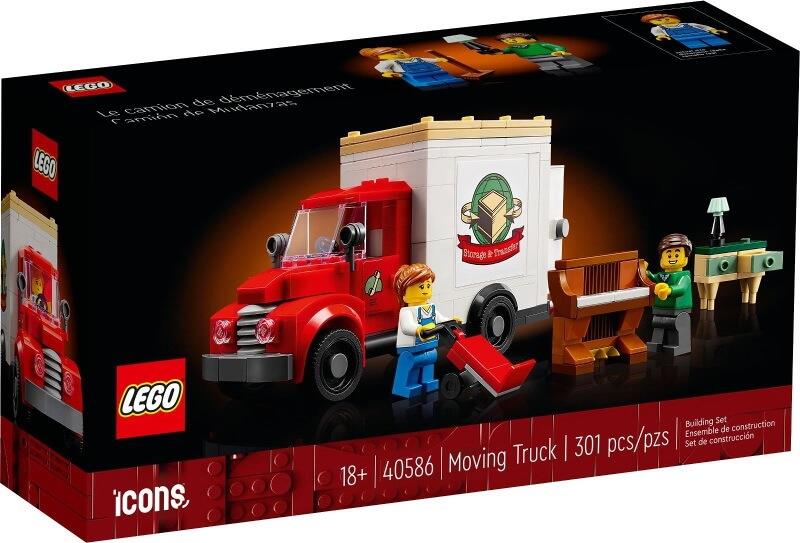 LEGO Icons Moving Truck 40586 box art featuring a red and white vintage-style LEGO truck with a piano and minifigures on the side.