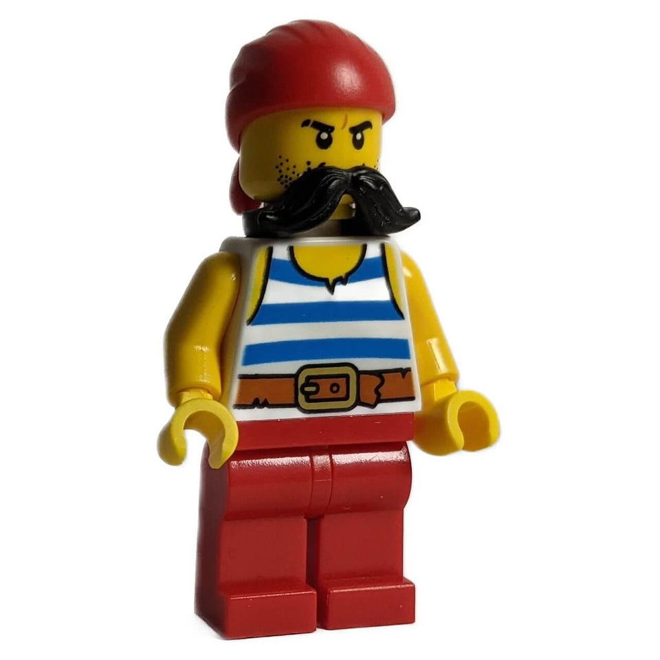 LEGO® pirate minifigure IDEA068 with red bandana, black moustache, striped torso and red legs