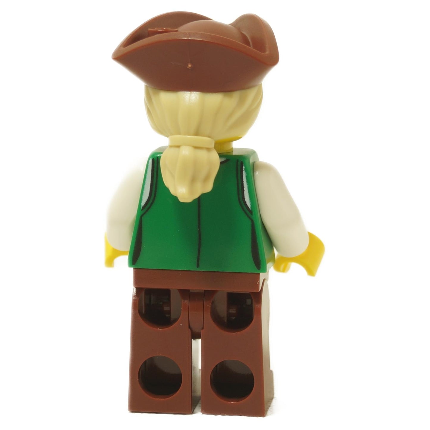 Back view of Robin Loot minifigure with brown hat, blonde ponytail, green vest and brown legs
