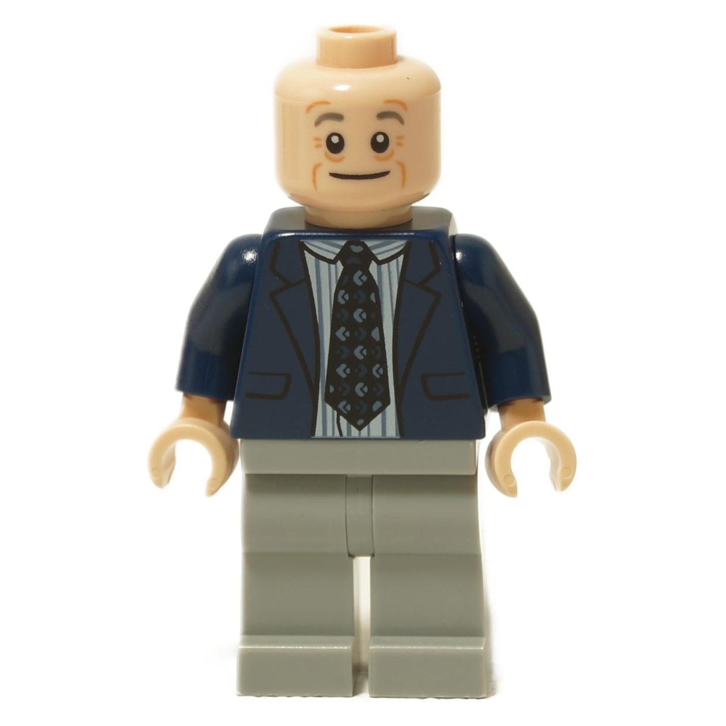 Creed Bratton minifigure in blue blazer, striped shirt, patterned tie and smiling expression
