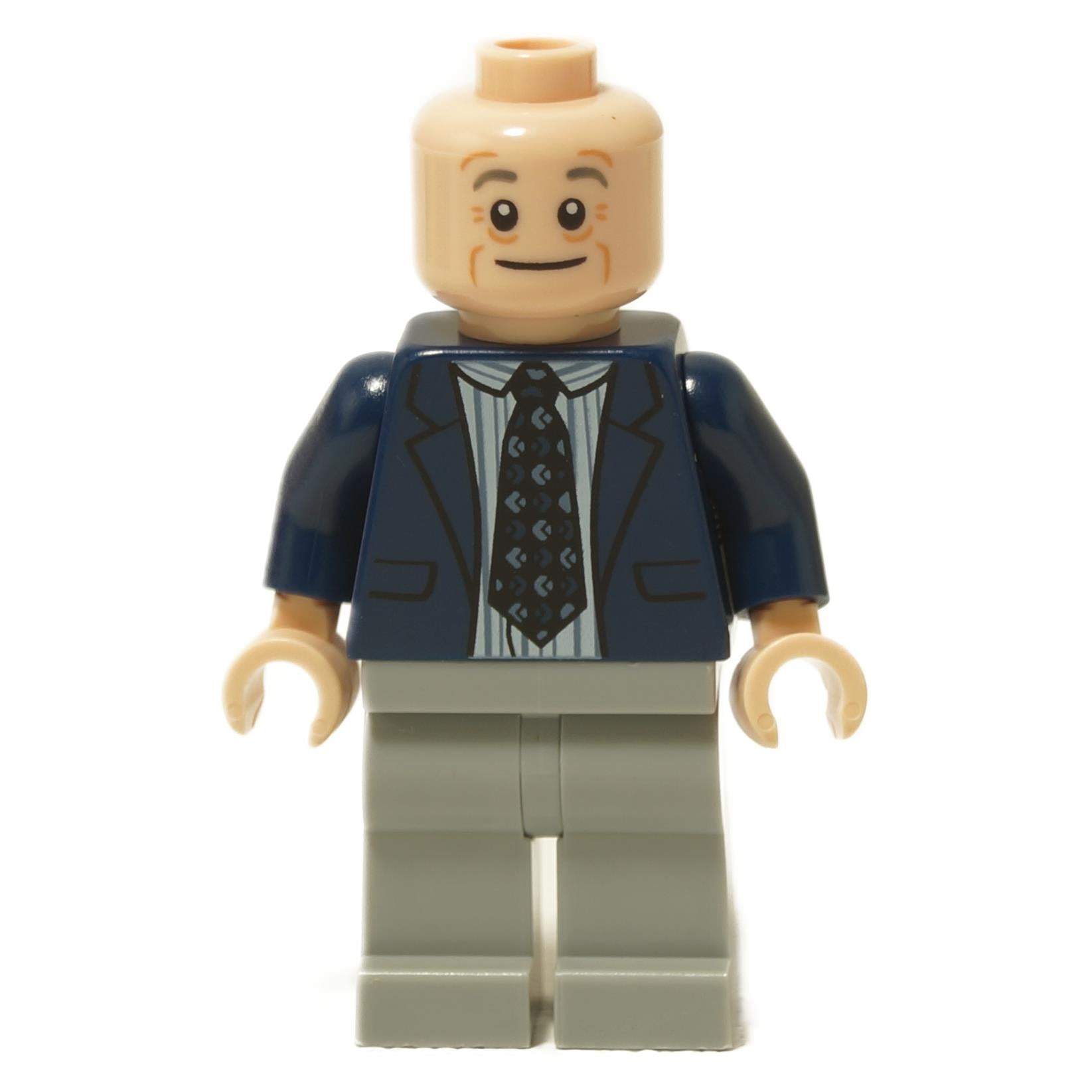 Creed Bratton minifigure in blue blazer, striped shirt, patterned tie and smiling expression

