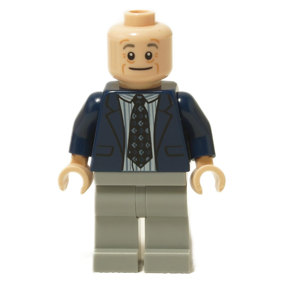 Creed Bratton minifigure in blue blazer, striped shirt, patterned tie and smiling expression
