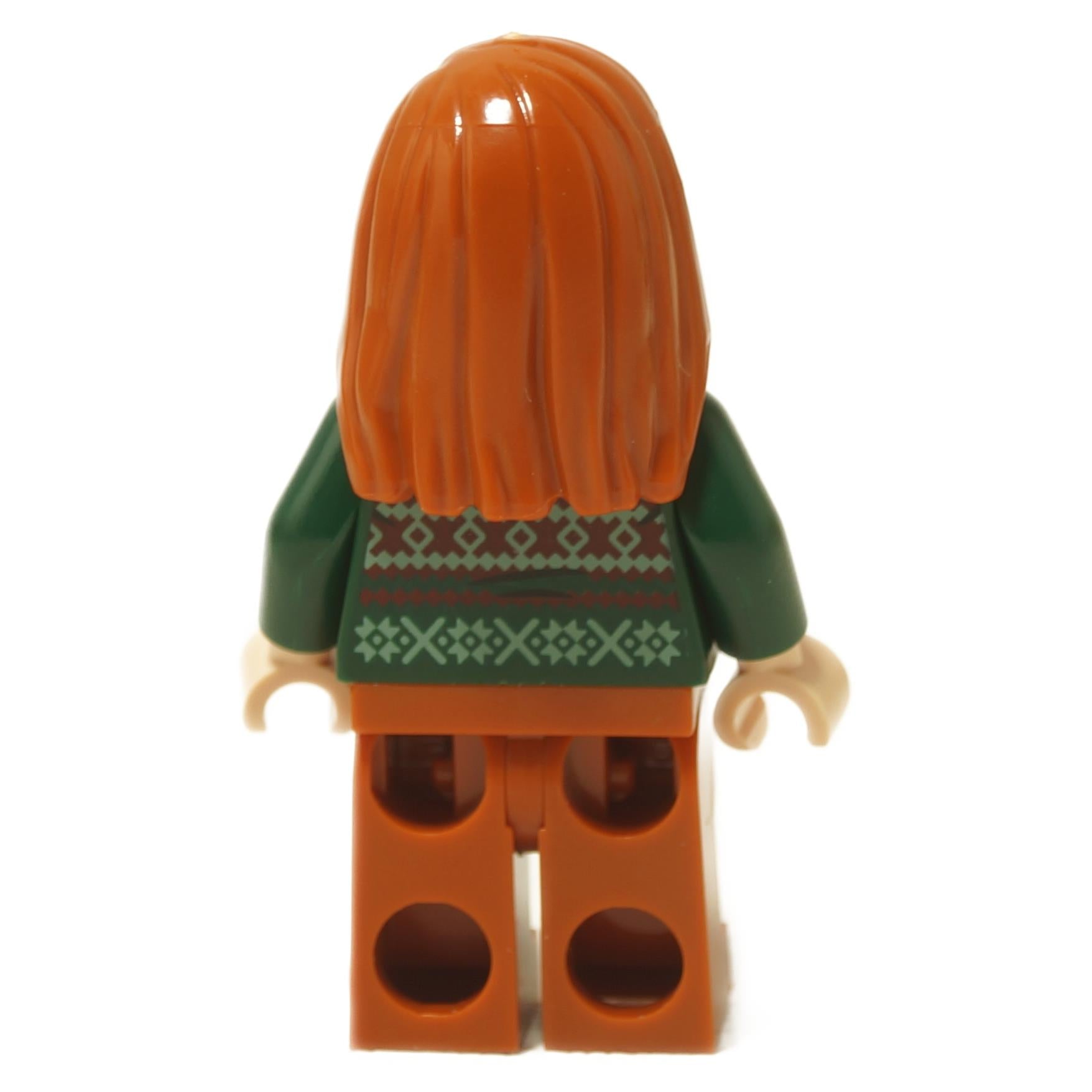 Back view of Meredith Palmer minifigure with long orange hair, green sweater pattern and orange legs
