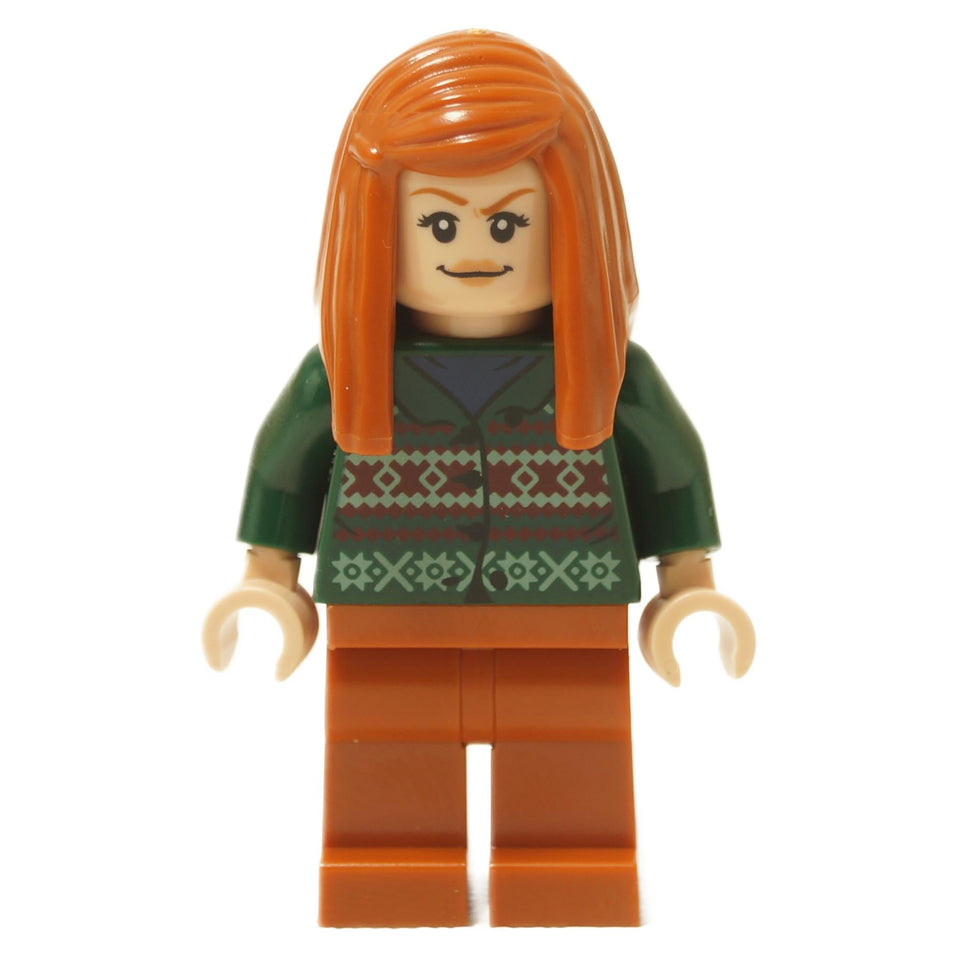 LEGO minifigure of Meredith Palmer from The Office, with a dual-sided head, wearing a green and brown patterned sweater and orange pants.