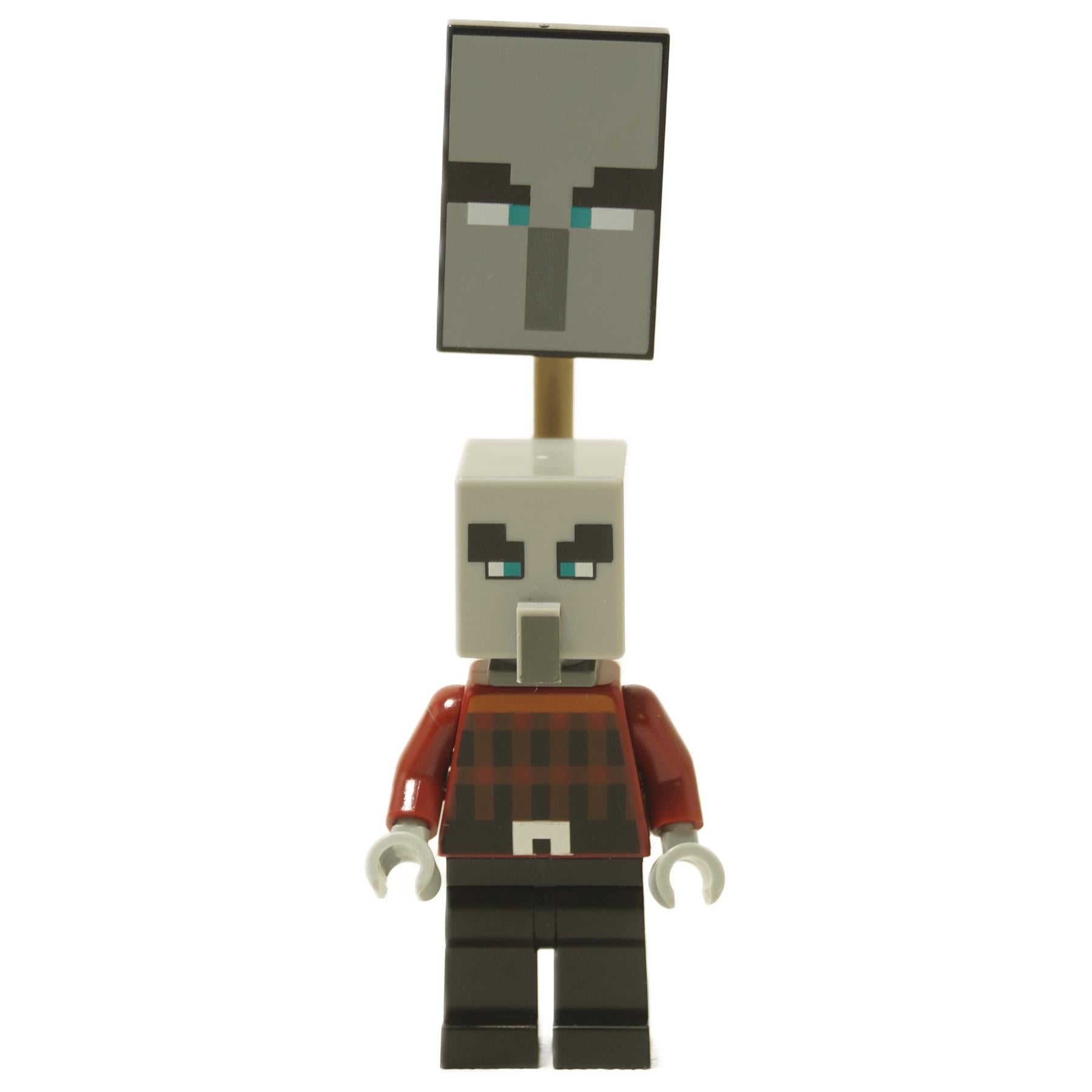 Illager pillager minifigure with ominous banner narrow eyes and gray head

