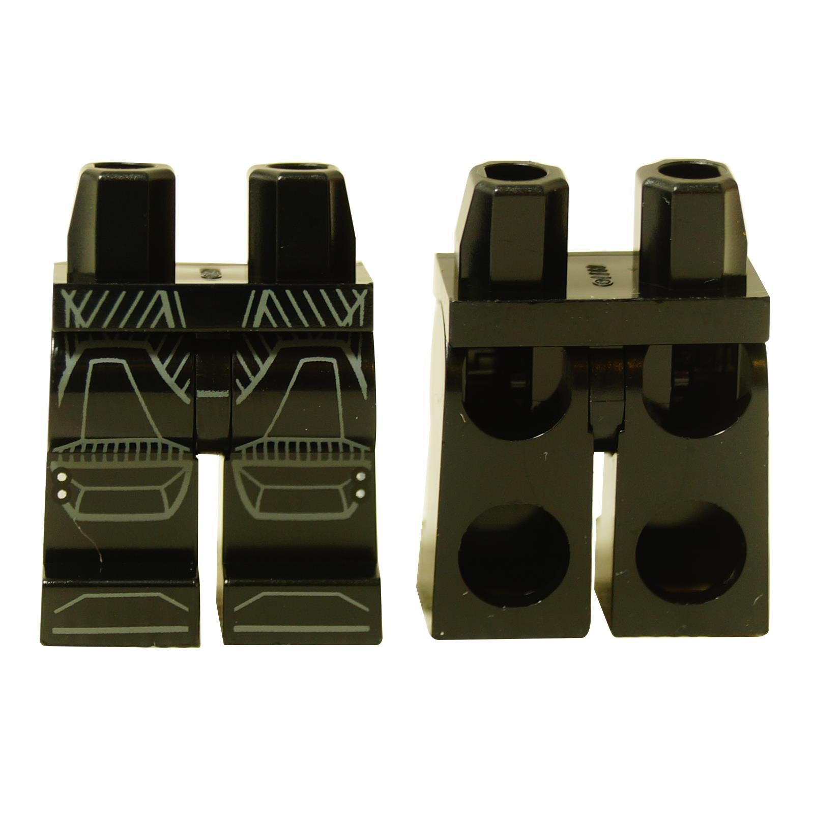 Front view of black LEGO Imperial Dark Trooper legs (970c00pb1658) with light grey armored printing.