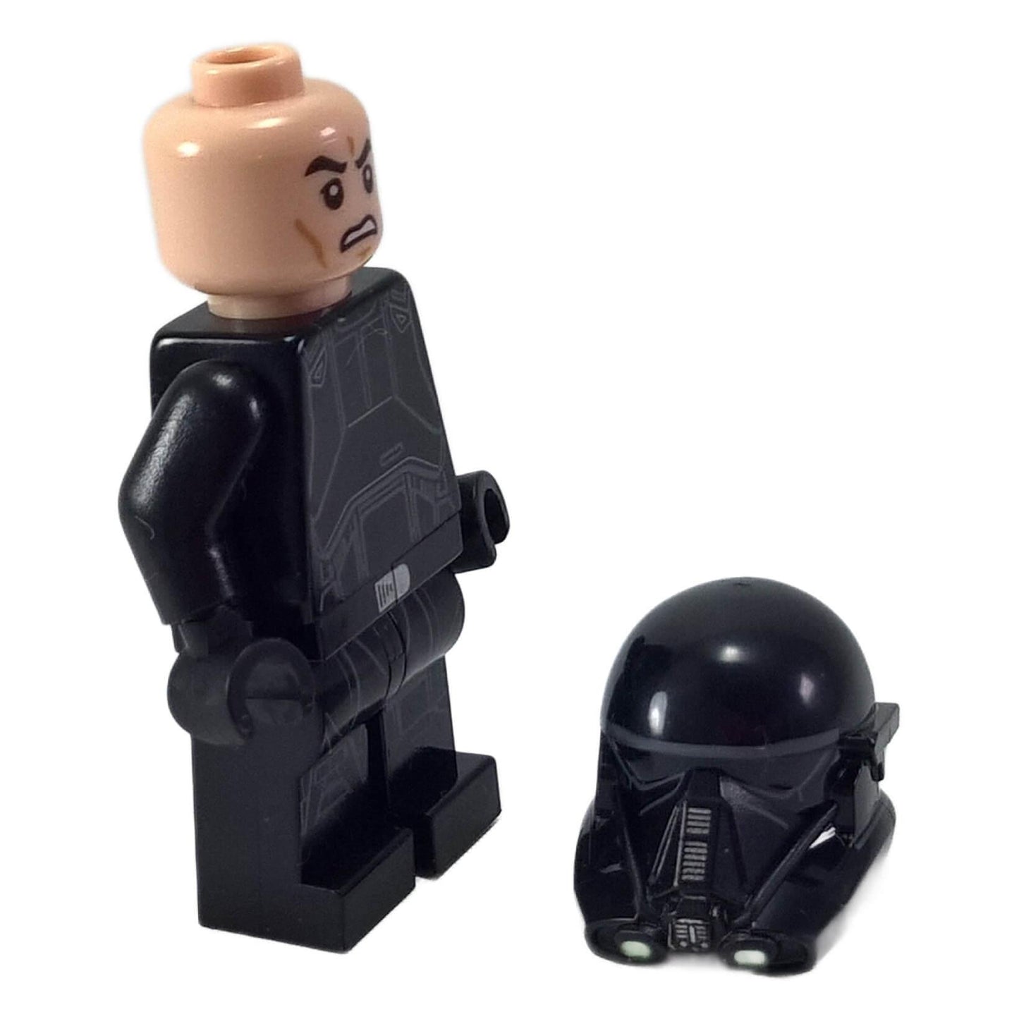 LEGO® Imperial Death Trooper minifigure sw0807 with helmet removed showing angry face print, black helmet accessory beside figure close-up view
