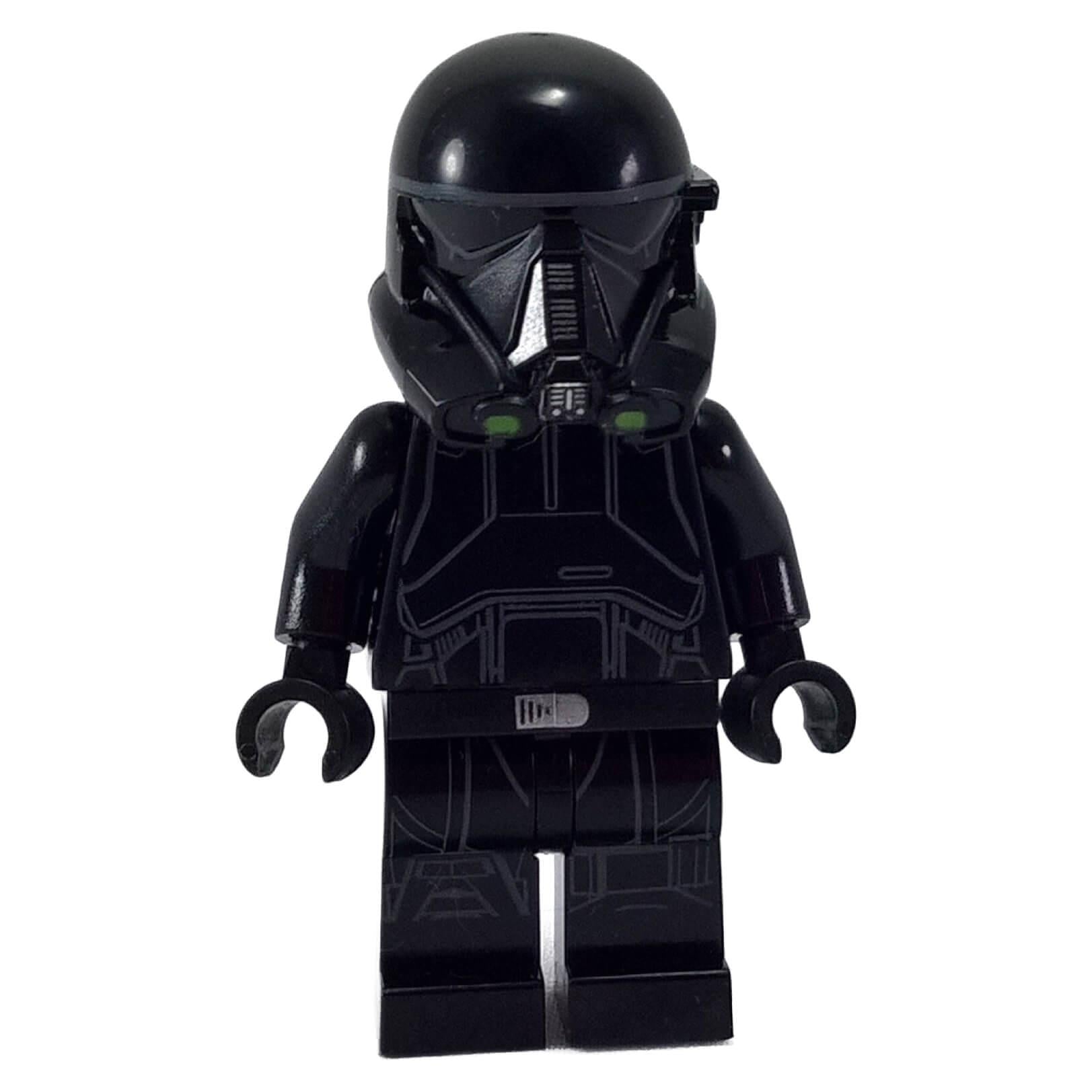 LEGO® Imperial Death Trooper minifigure sw0807 with black armor and helmet detailed chest print close-up view
