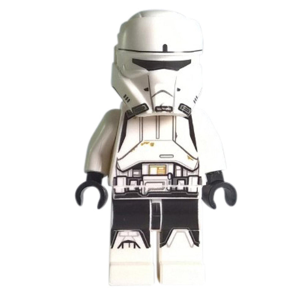 Imperial hovertank pilot minifigure front view with white helmet, detailed armor print, and black gloves
