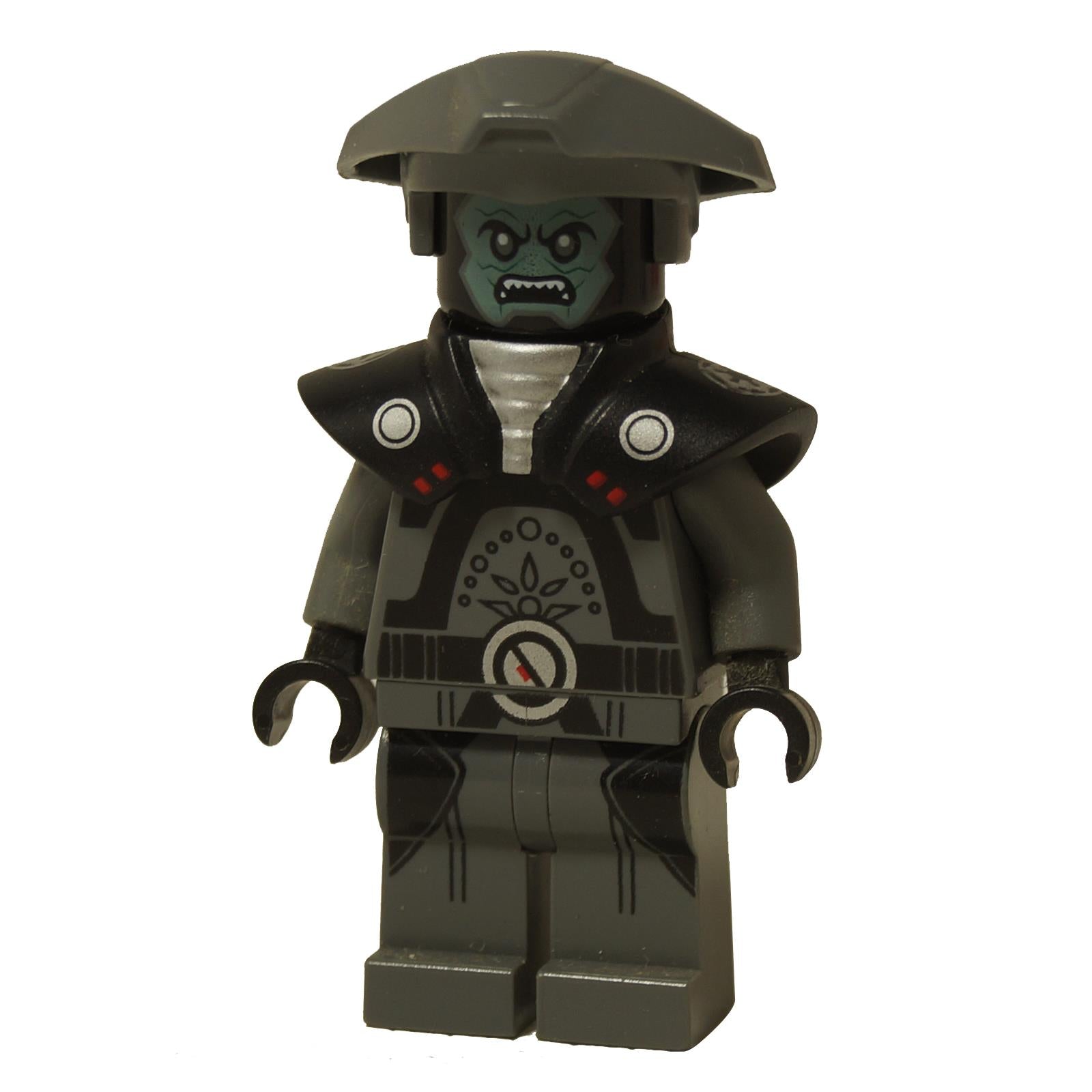Front view of the LEGO® Star Wars minifigure of the Fifth Brother, an Imperial Inquisitor, showing his large helmet, menacing face, and intricate dark bluish gray uniform with black shoulder armor.