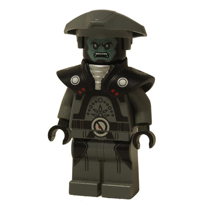 Front view of the LEGO® Star Wars minifigure of the Fifth Brother, an Imperial Inquisitor, showing his large helmet, menacing face, and intricate dark bluish gray uniform with black shoulder armor.