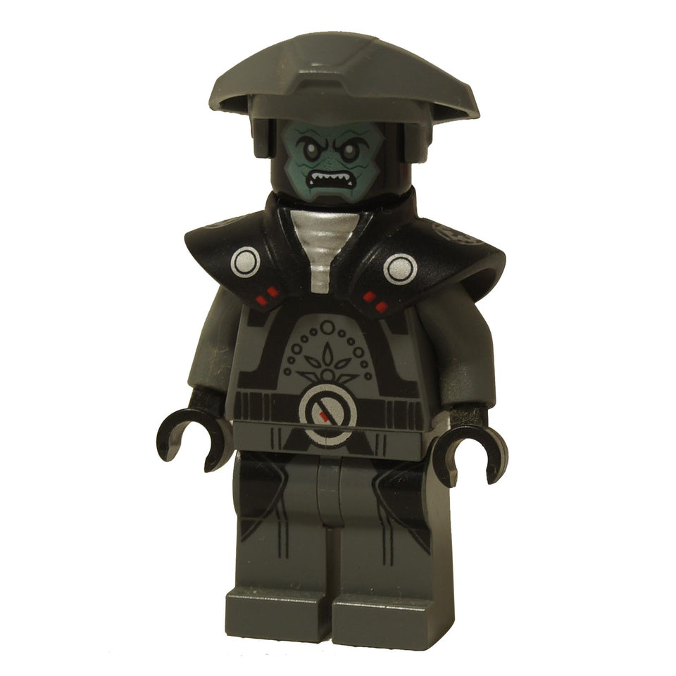 Front view of the LEGO® Star Wars minifigure of the Fifth Brother, an Imperial Inquisitor, showing his large helmet, menacing face, and intricate dark bluish gray uniform with black shoulder armor.