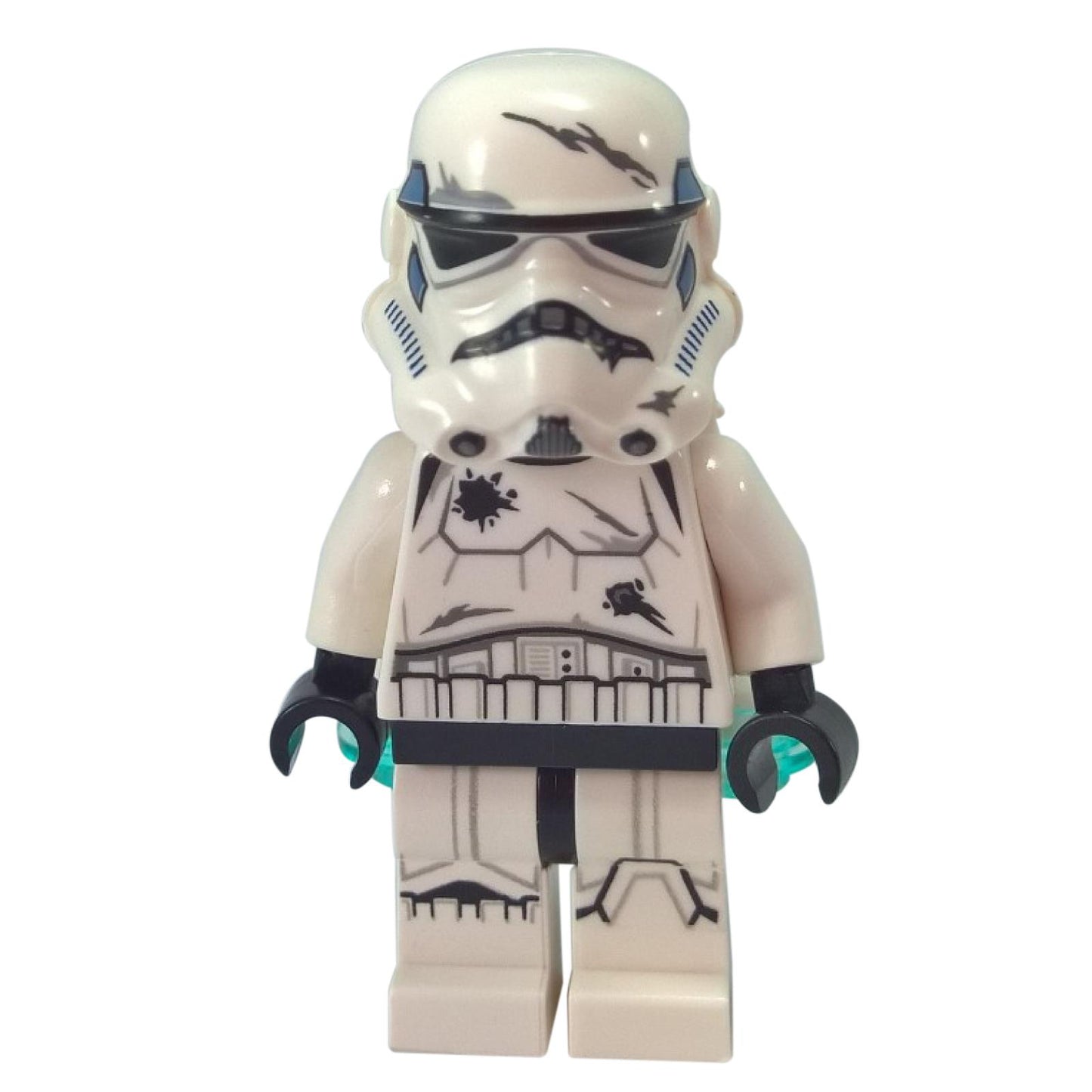 LEGO Star Wars Imperial Jet Pack Trooper minifigure shown from the front and back. The figure has battle-damaged armor and a white jetpack with trans-light blue thrusters.