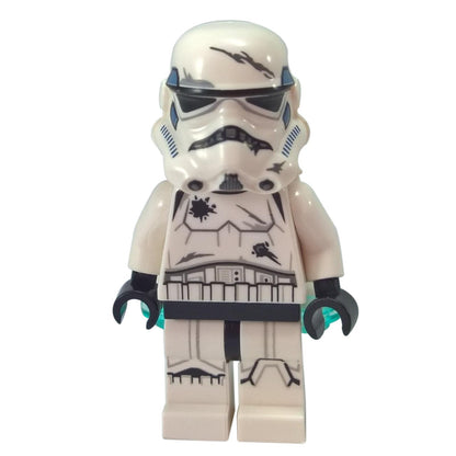 LEGO Star Wars Imperial Jet Pack Trooper minifigure shown from the front and back. The figure has battle-damaged armor and a white jetpack with trans-light blue thrusters.